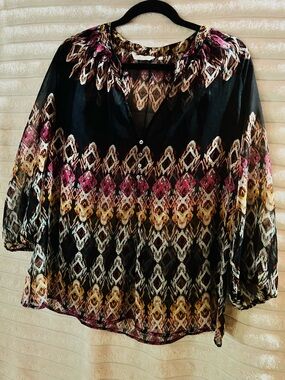Black Sheer Boho Blouse with Pink & Yellow Geometric Print